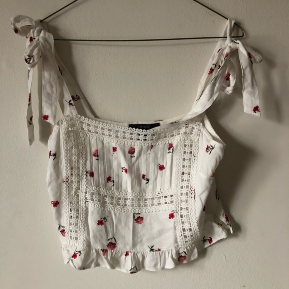 ❤️Forever 21 White Floral Peasant Cropped Top Shoulder Ties Side zipper Ruffle M - Picture 3 of 8